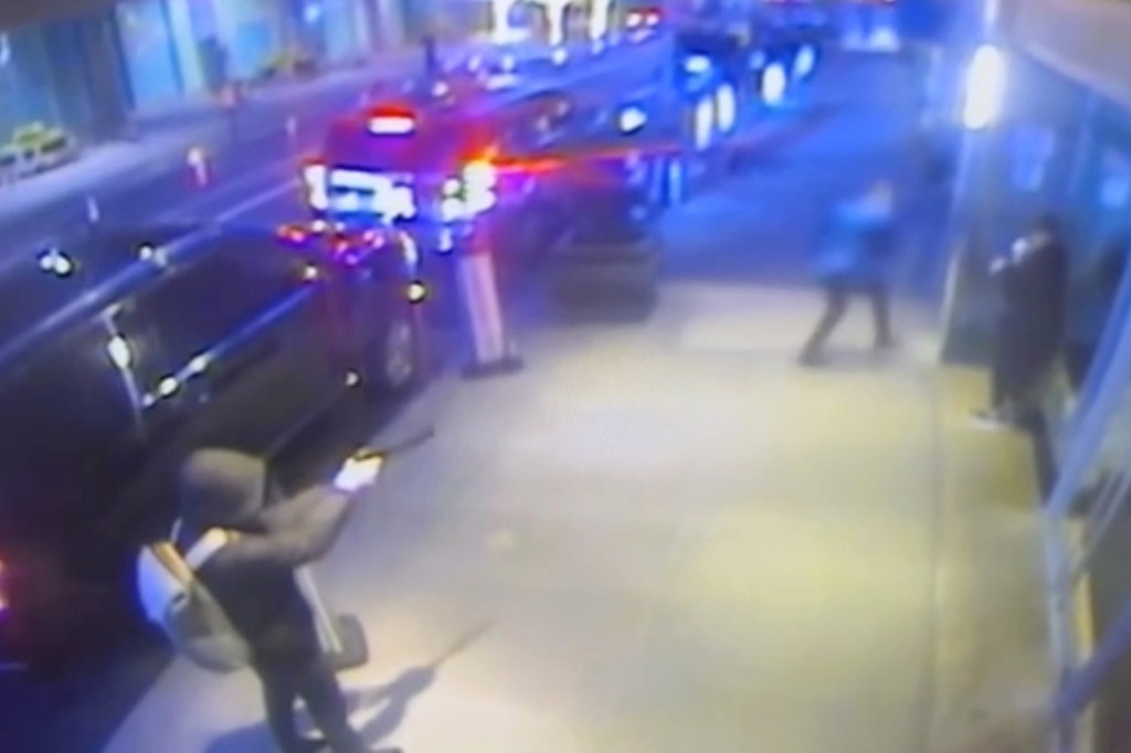 Surveillance footage of a shooting suspect outside the Midtown Hilton.