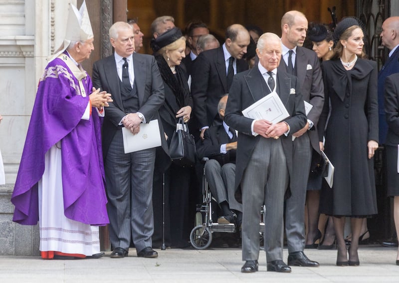 King Charles III, Prince of Wales William, Princess of Wales Catherine and Prince Andrew leave Requiem Mass service for the Duchess of Kent, at Westminster Cathedral, in London, United Kingdom on September 16, 2025.This is the first Catholic funeral service held for a member of the royal family in modern British history. Katharine, the wife of the late Queen's cousin the Duke of Kent, converted to Catholicism in 1994.