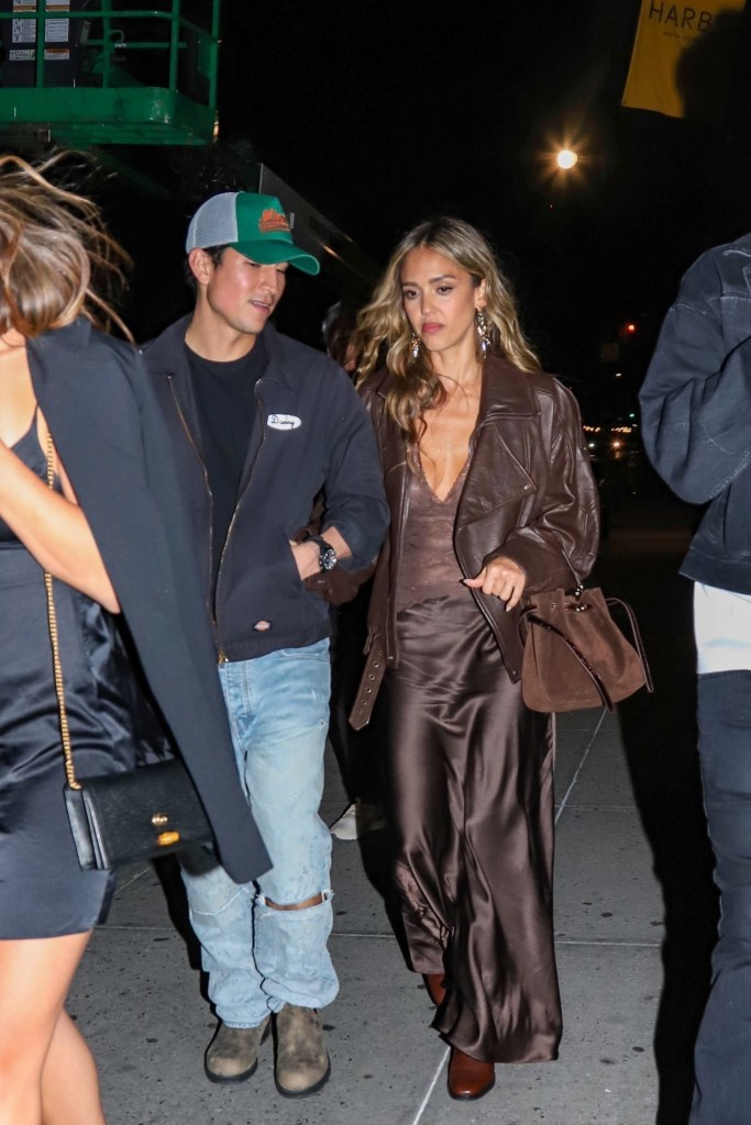 *EXCLUSIVE* New York, NY Actress Jessica Alba turned heads in a brown ensemble as she stepped out with boyfriend Danny Ramirez and her 
