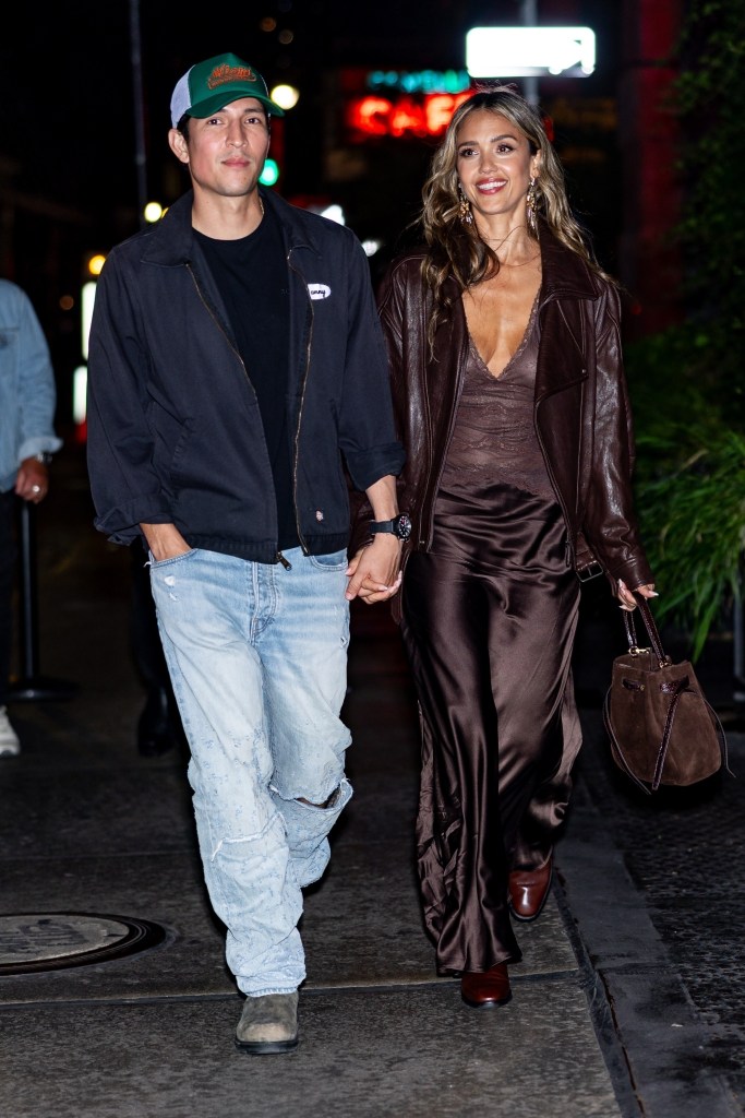 *EXCLUSIVE* New York, NY Actress Jessica Alba turned heads in a brown ensemble as she stepped out with boyfriend Danny Ramirez and her 