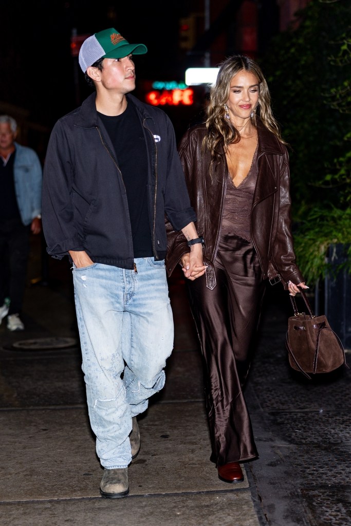 *EXCLUSIVE* New York, NY Actress Jessica Alba turned heads in a brown ensemble as she stepped out with boyfriend Danny Ramirez and her 