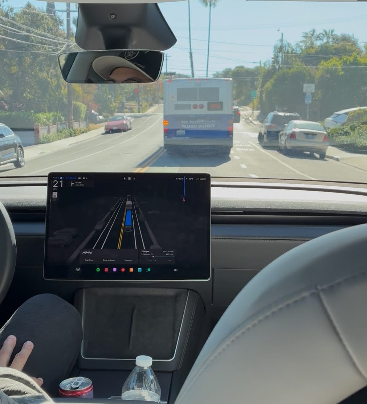A view from inside a Tesla Robotaxi ride in Silicon Valley