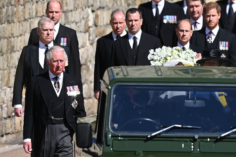 Prince Andrew, left, follows Prince Philip, Duke of Edinburgh's coffin during the Ceremonial Procession in 2021.