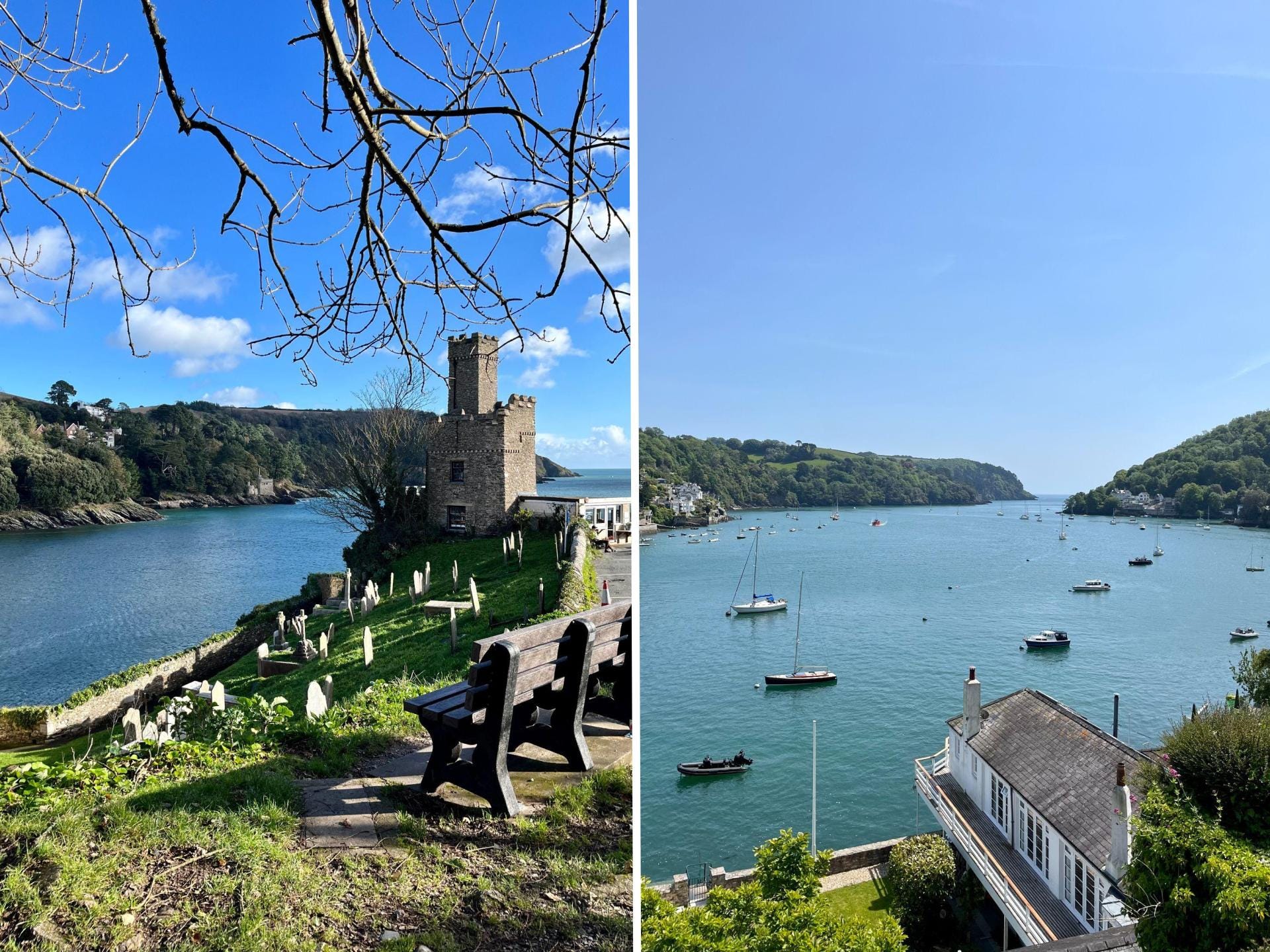 Two photos: of the Dartmouth coastline, featuring yachts and greenery.