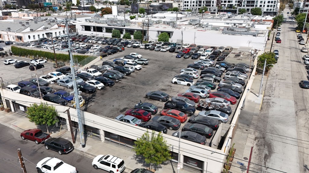 Aerial view of a Hollywood car impound lot where a body was found in a Tesla.