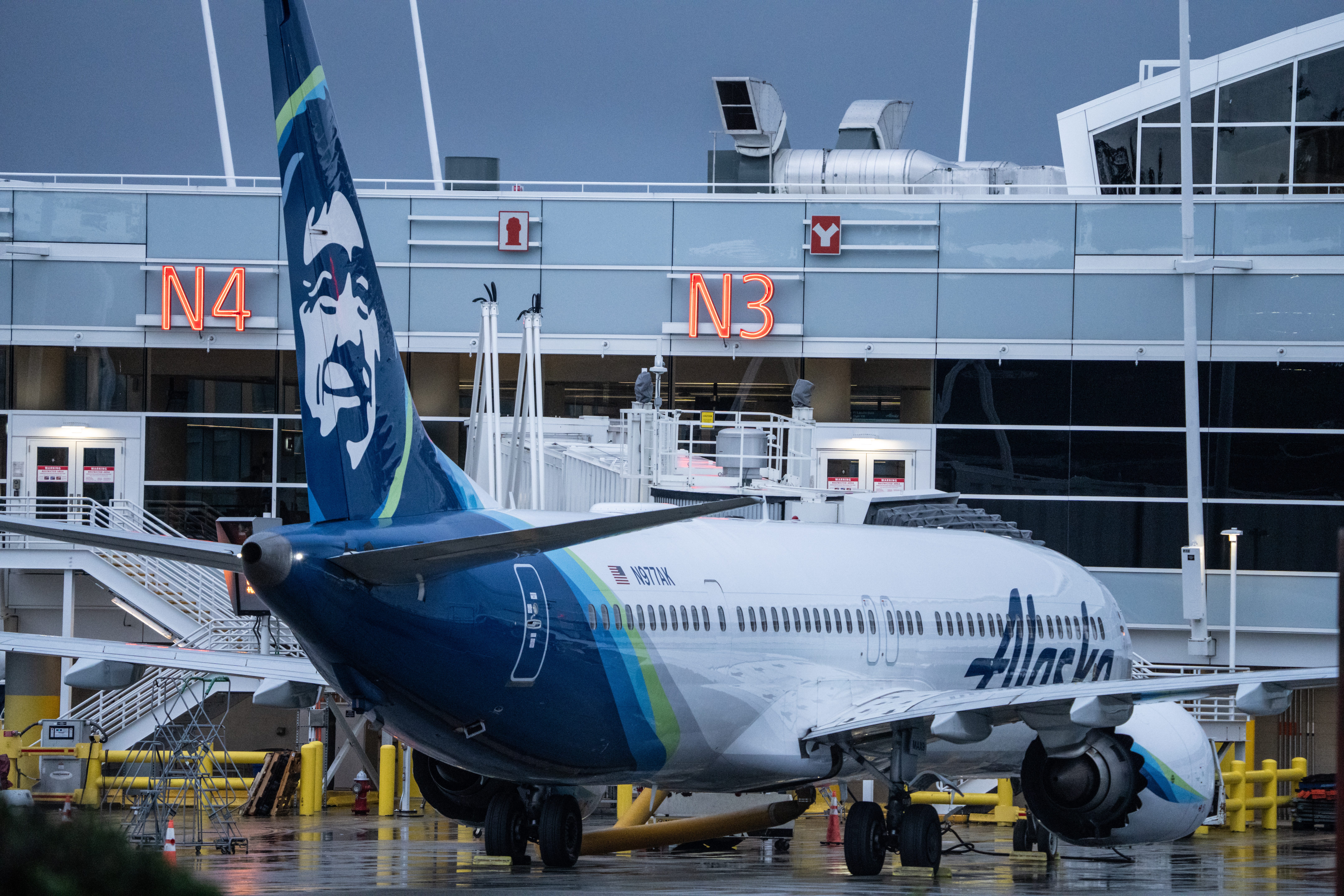 An Alaska Airlines Boeing 737 MAX 9 plane sits at a gate at Seattle-Tacoma International Airport on January 6, 2024 in Seattle, Washington.
