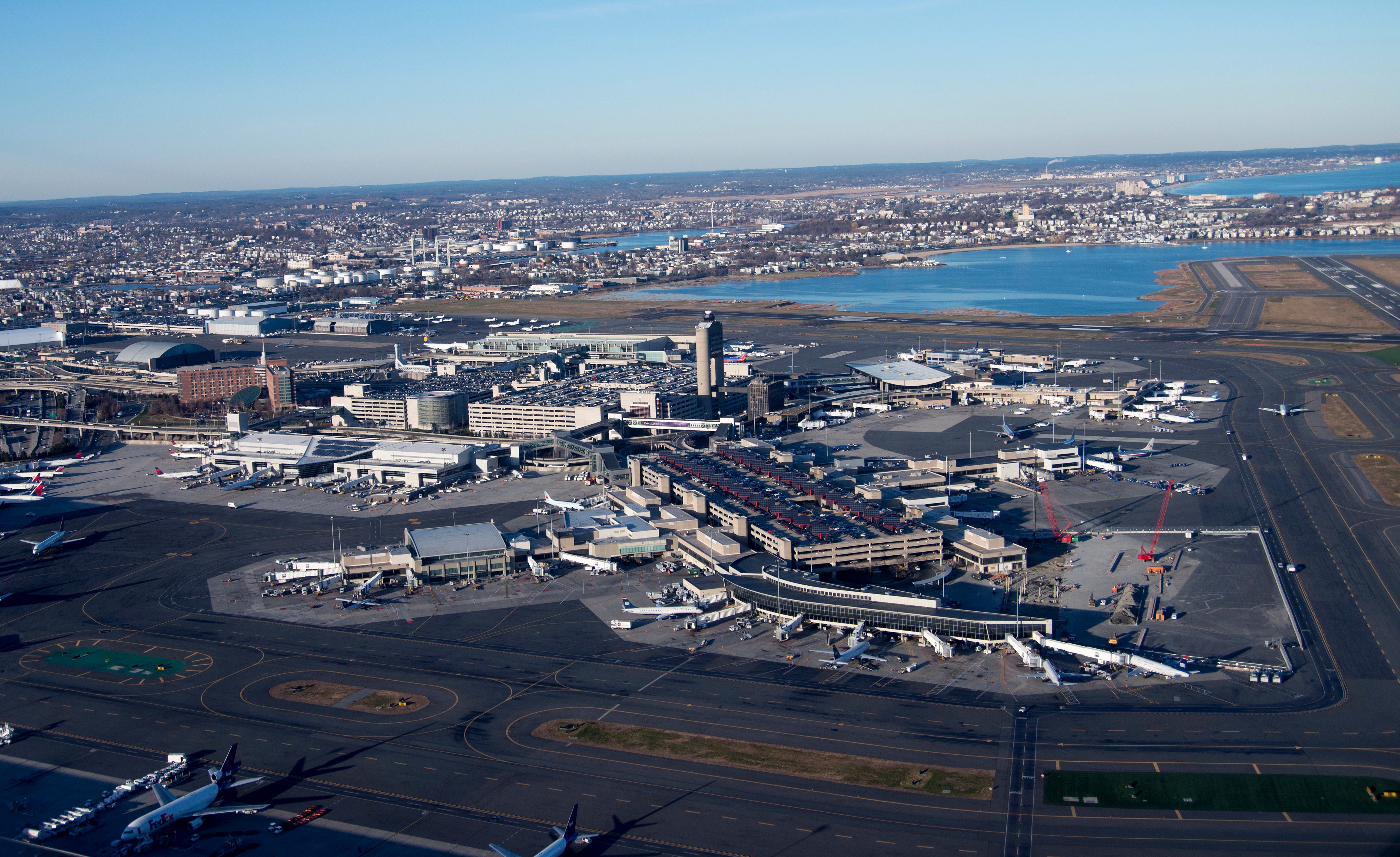 Aerial view of Boston Logan International Airport in Boston, MA