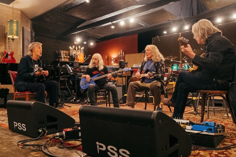 Paul McCartney, Harry Shearer, Michael McKean, and Christopher Guest in “Spinal Tap 2: The End Continues.”