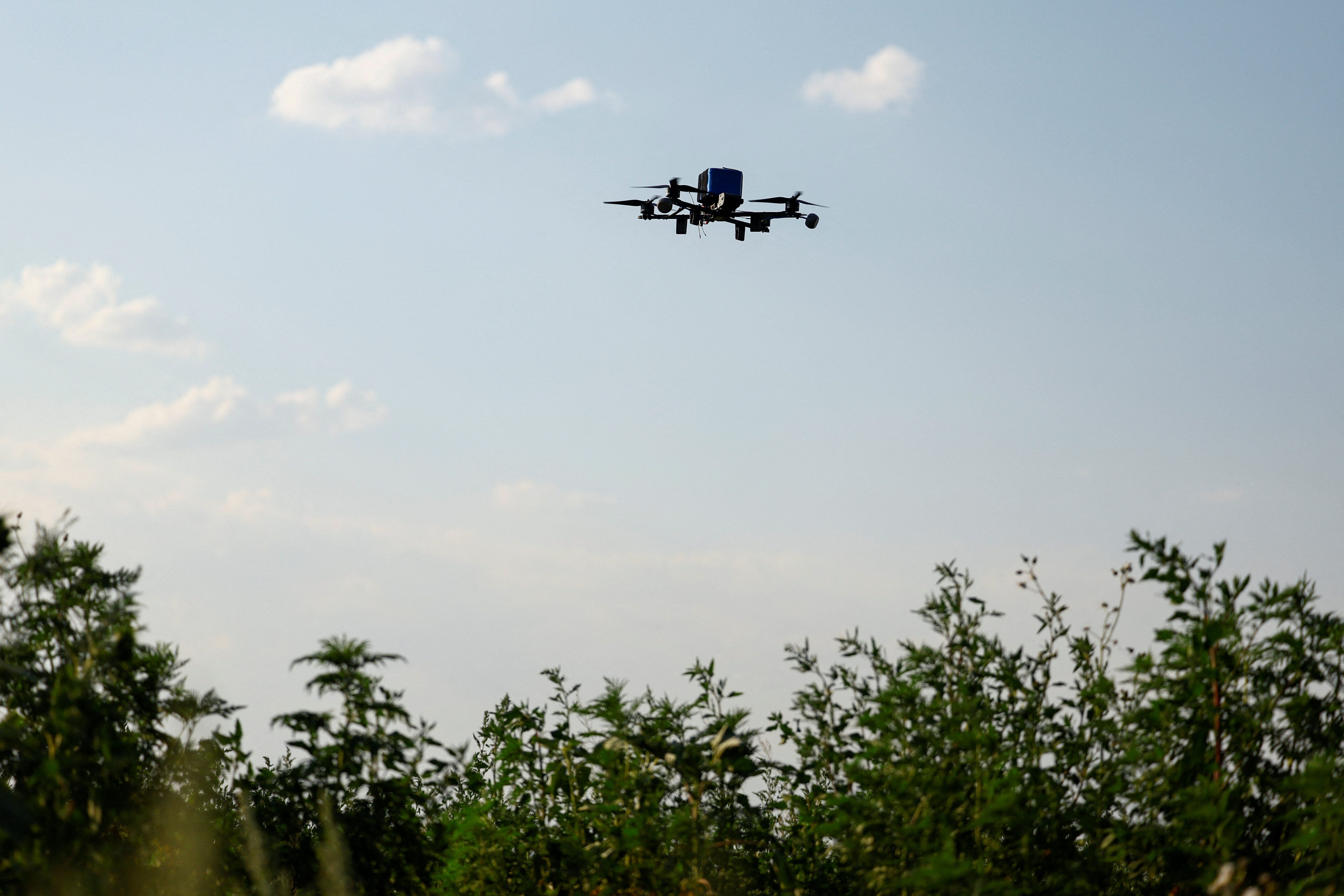 A view shows an interceptor FPV-drone of the 1129th Bilotserkivskyi Anti-Aircraft Missile Regiment during its flight, amid Russia's attack on Ukraine, in an undisclosed location in Dnipropetrovsk region, Ukraine July 8, 2025.