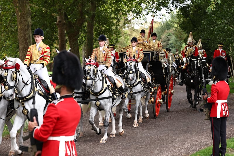 King Charles III and U.S. President Donald Trump travel by coach to  Windsor Castle