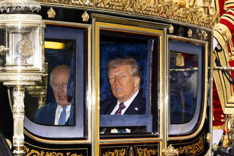 King Charles III and U.S. President Donald Trump travel by coach to  Windsor Castle