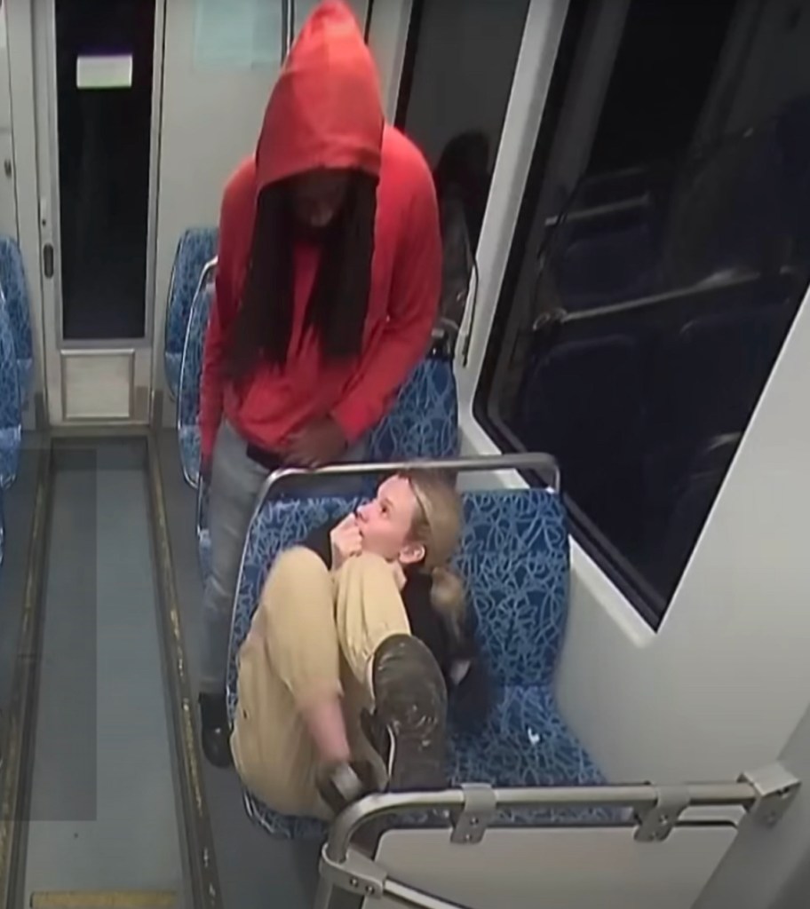 Surveillance footage of a stabbing on a light rail train.