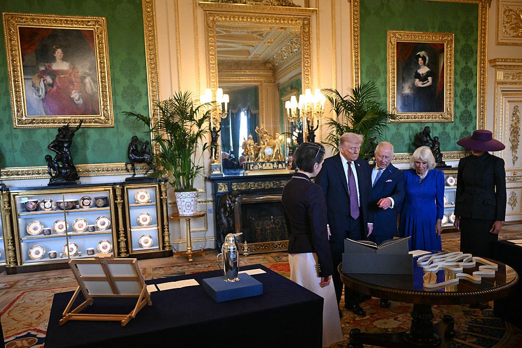 Donald Trump, King Charles, Queen Camilla, and Melania Trump in the Green Drawing Room at Windsor Castle.