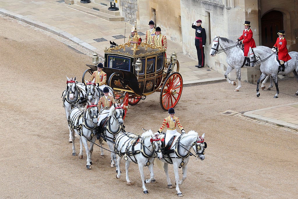 King Charles and President Donald Trump ride in the Irish State Coach at Windsor Castle.