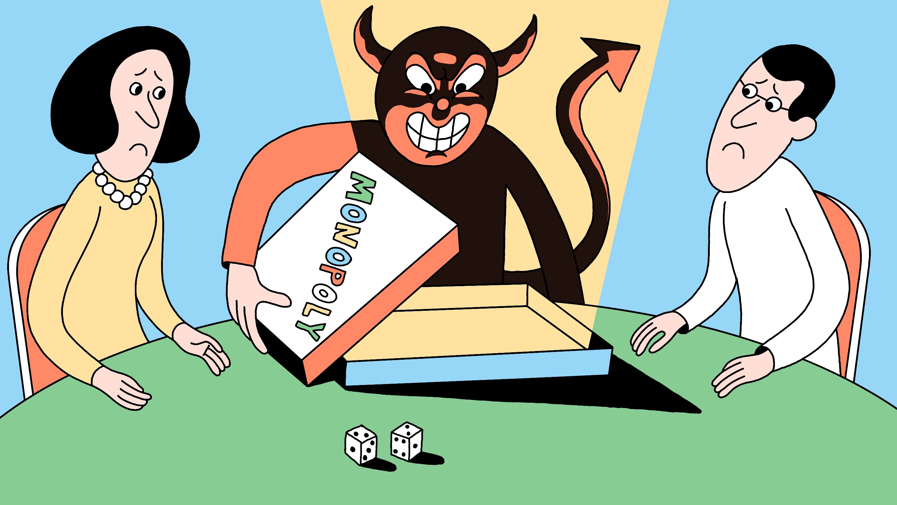 Illustration of a devil playing Monopoly with two sad-looking people.