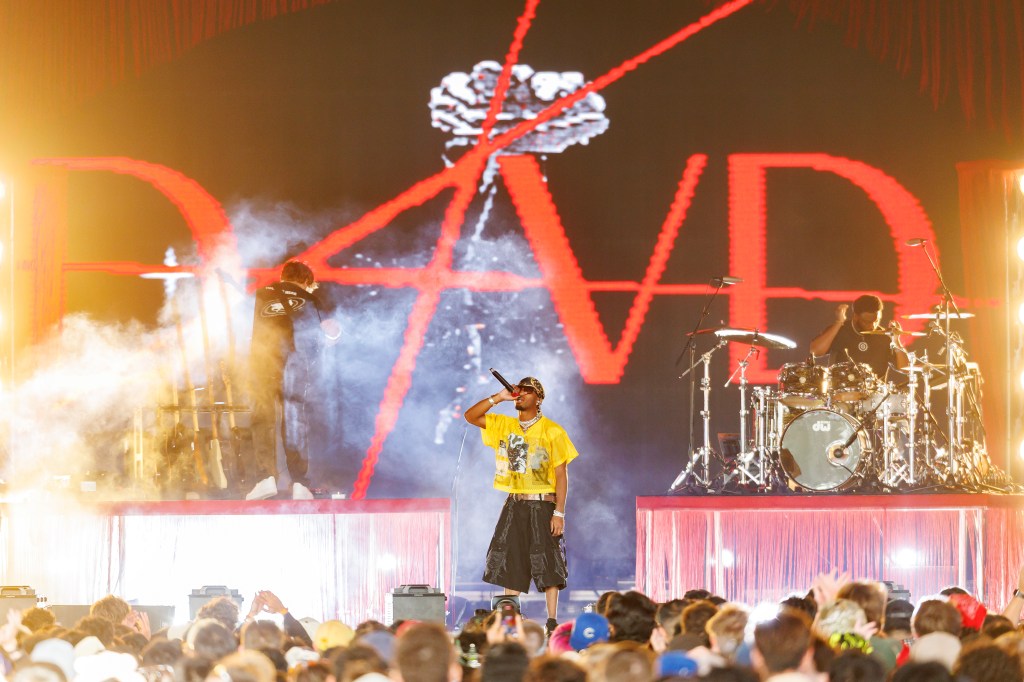 A performer on stage singing into a microphone, with a band and large crowd visible.