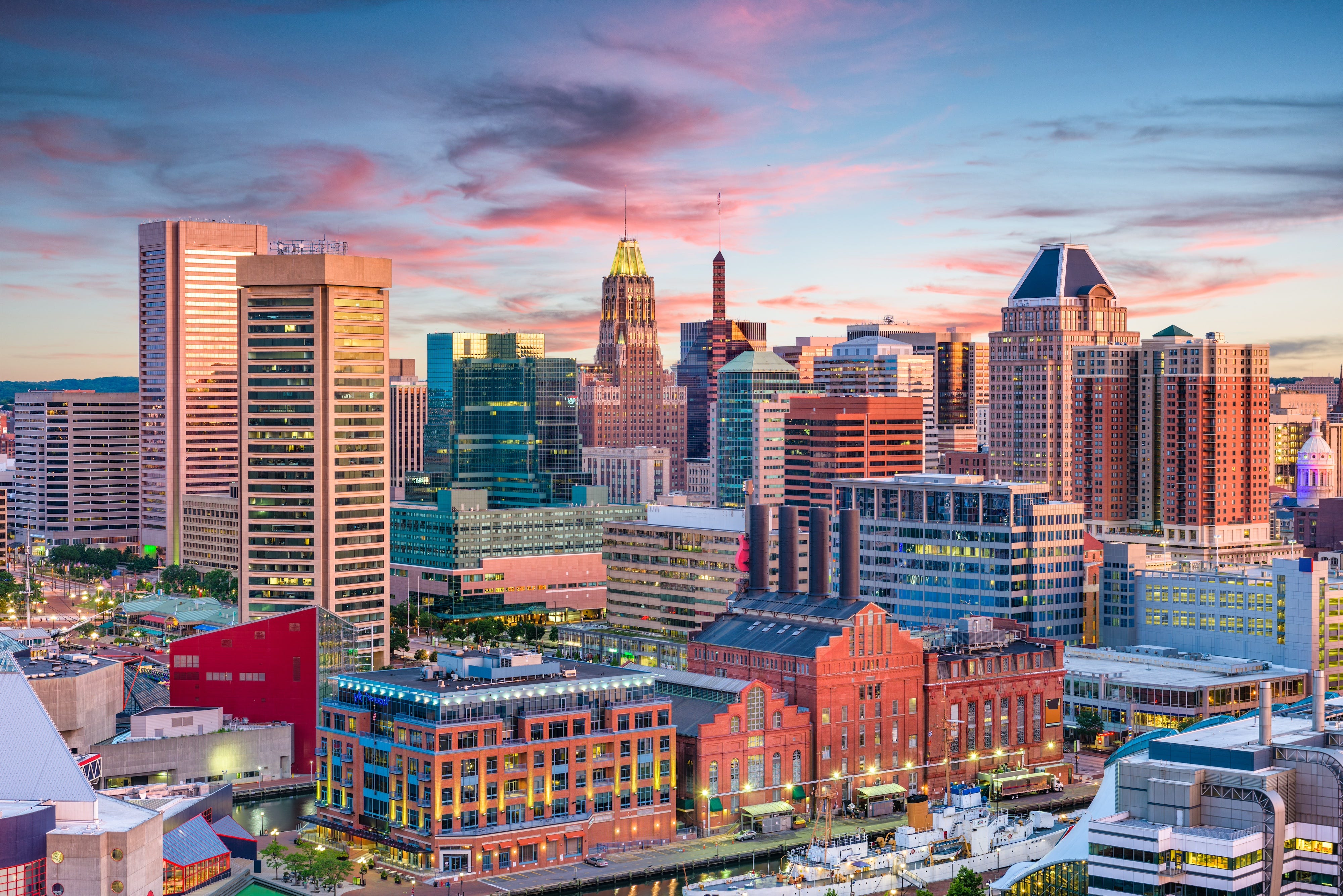 The Baltimore skyline at dusk.