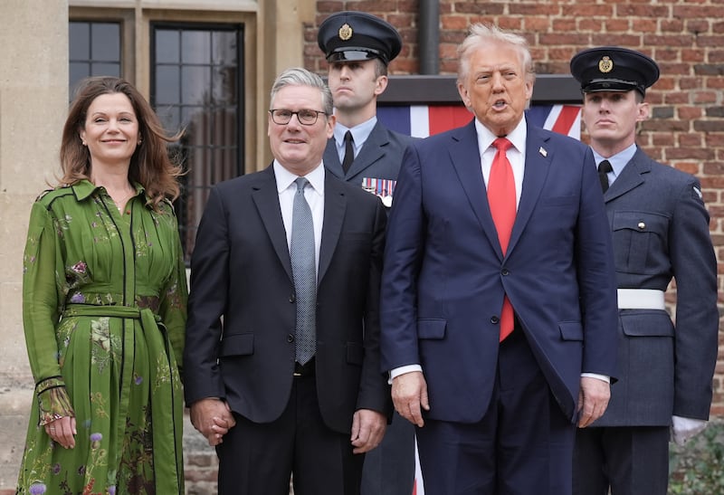 UK Prime Minister Sir Keir Starmer and Lady Victoria Starmer greet US President Donald Trump