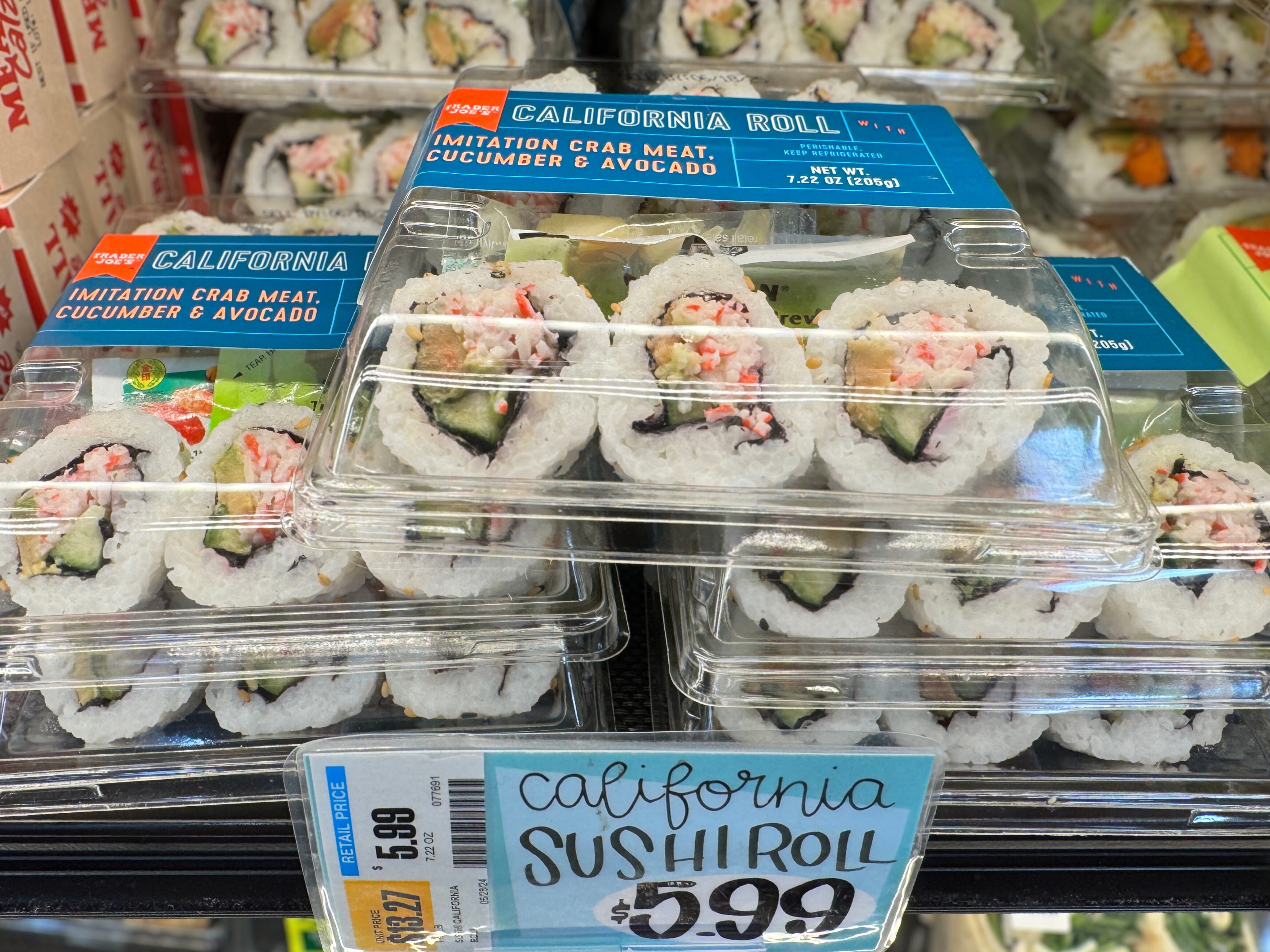 California sushi rolls on display at Trader Joe's.