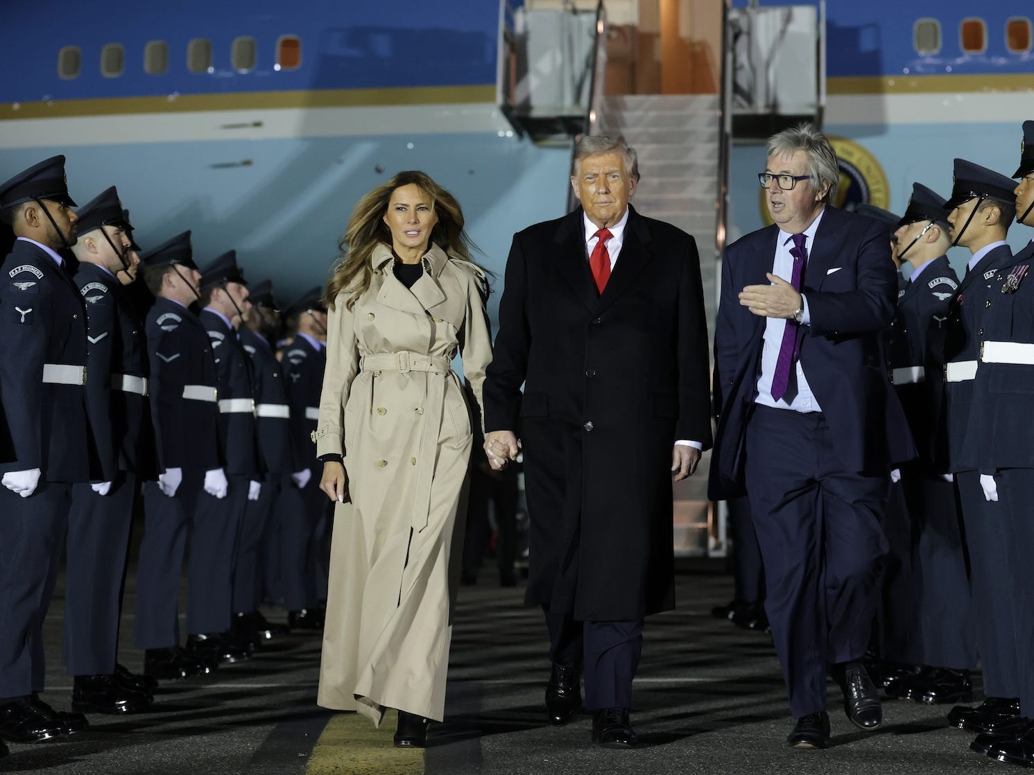 President Donald Trump and Melania Trump disembark Air Force One at London Stansted Airport in September 2025.
