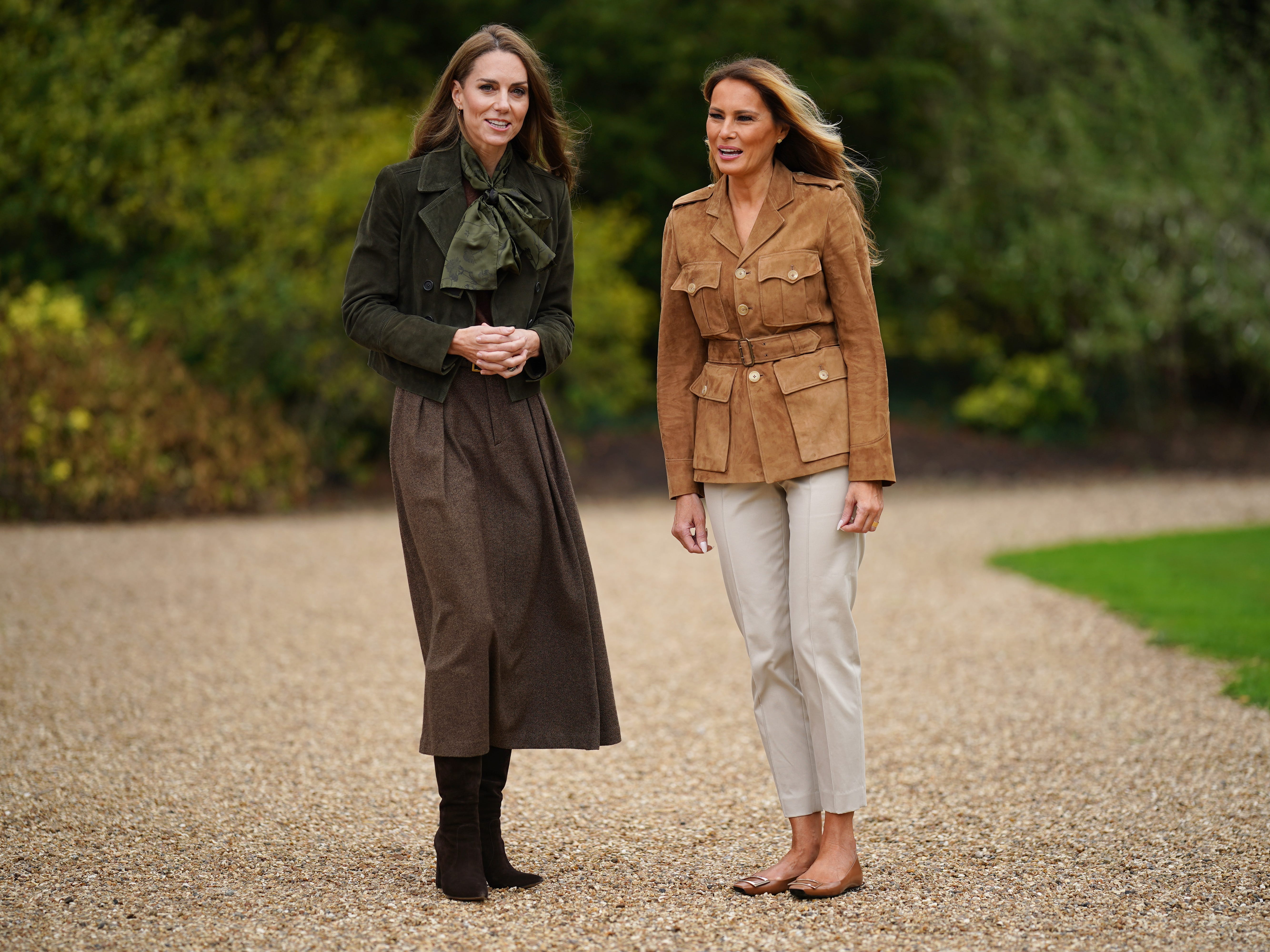 Kate Middleton and Melania Trump talk in Frogmore Gardens in September 2025 in Windsor, England.
