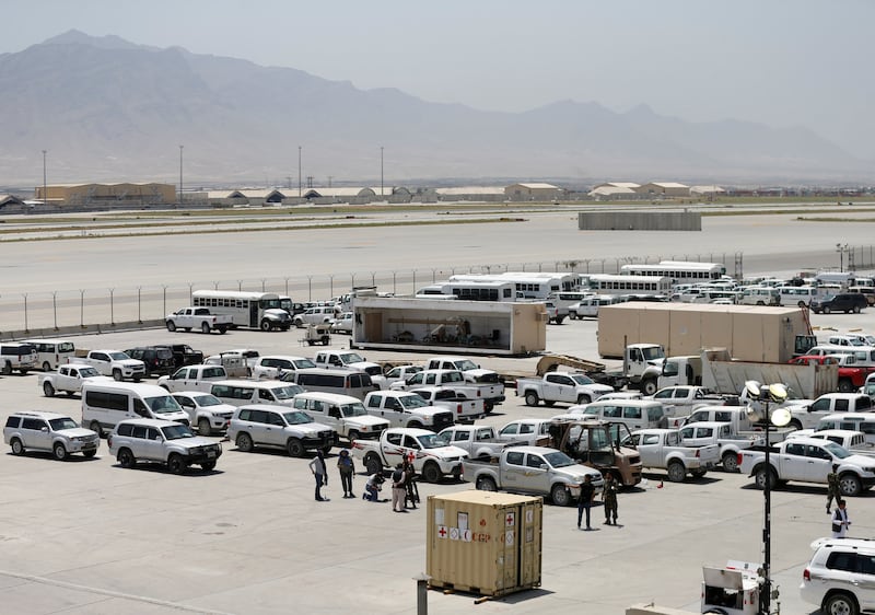 Parked vehicles are seen in Bagram air base, after American troops vacated it, in Parwan province, Afghanistan July 5, 2021.