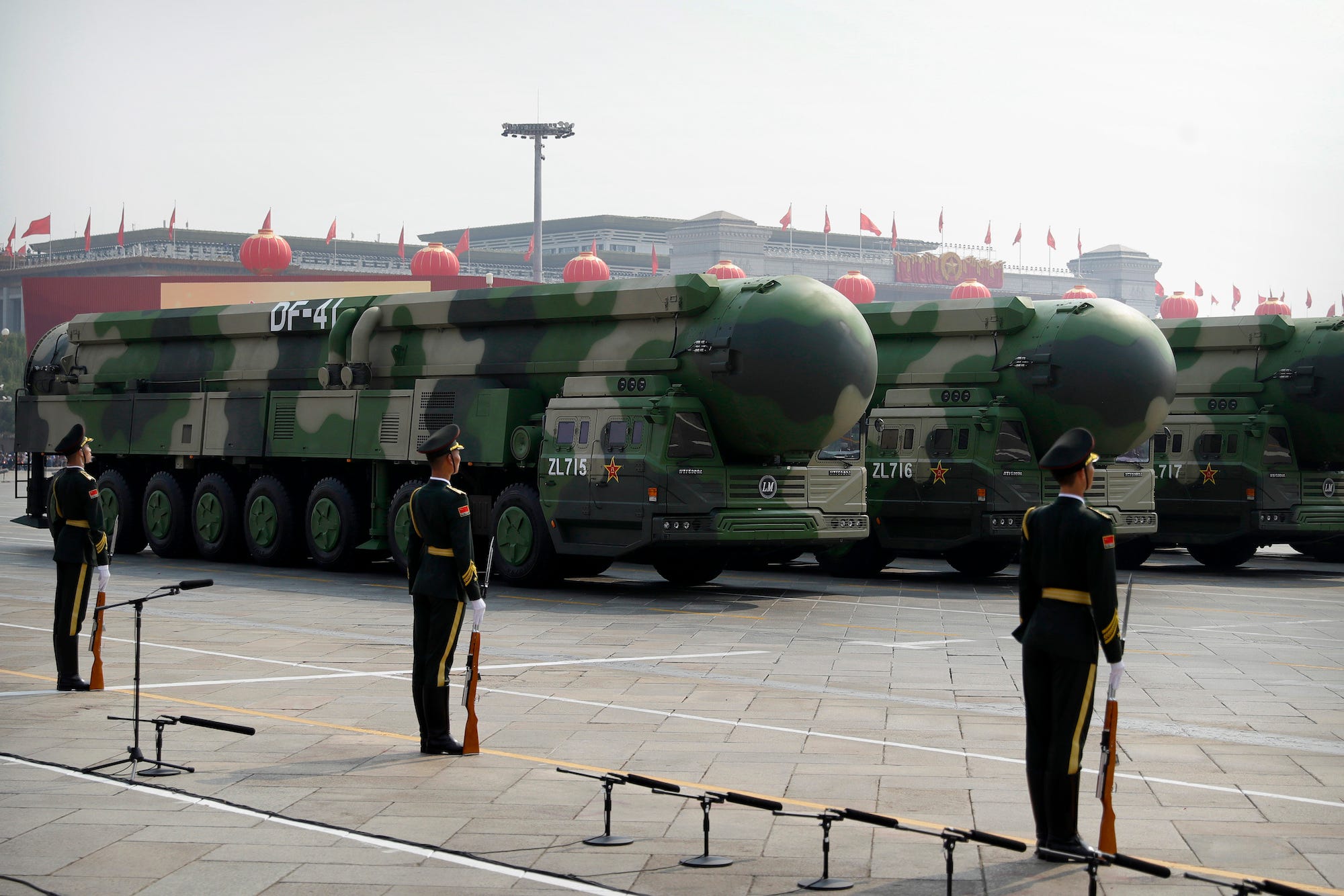 Chinese military vehicles carrying DF-41 ballistic missiles roll during a parade to commemorate the 70th anniversary of the founding of Communist China in Beijing in October 2019.
