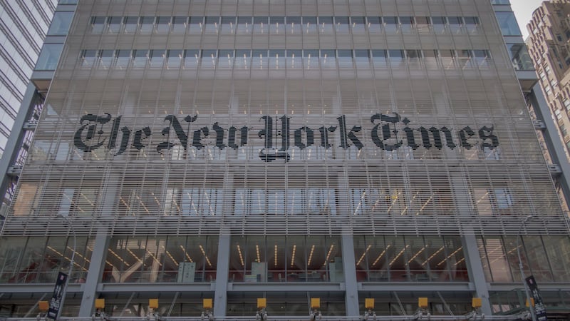 MANHATTAN, NEW YORK, UNITED STATES - 2025/06/02: Sign at the entrance to the New York Times Headquarters in Midtown Manhattan.