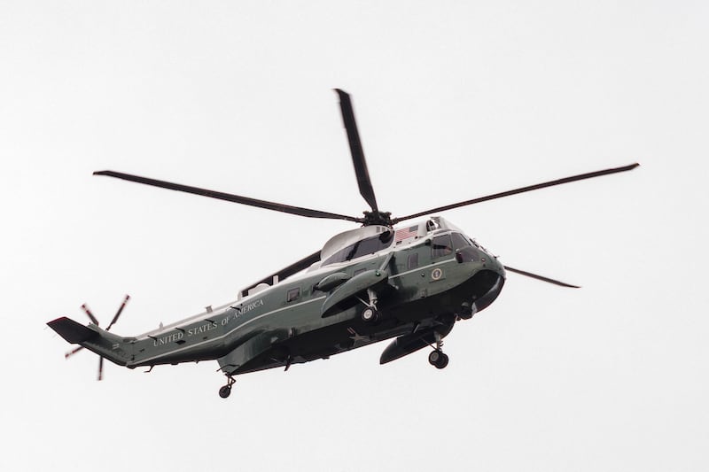 One of the U.S. Marine Corps' helicopters, known as Marine One when carrying the president, is pictured leaving Windsor Castle for Chequers on the final day of the second state visit to the UK of President Donald Trump and First Lady Melania Trump on September 18, 2025.