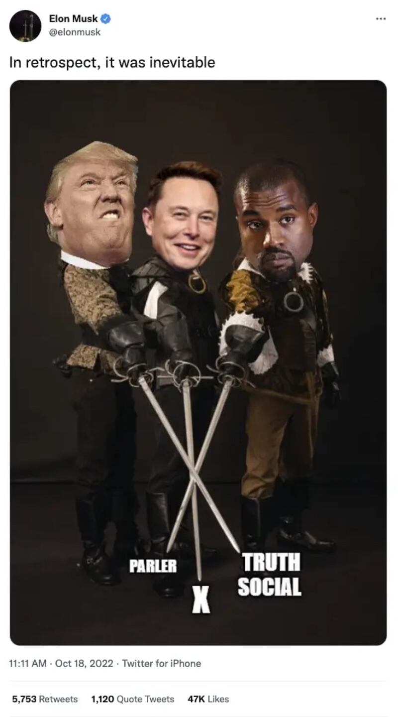 Elon Musk's controversial meme with himself, Ye, and Trump as the Three Musketeers