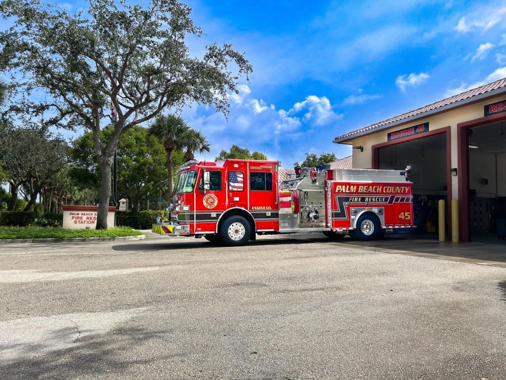 Palm Beach County Fire Rescue Engine 45 parked at the station.