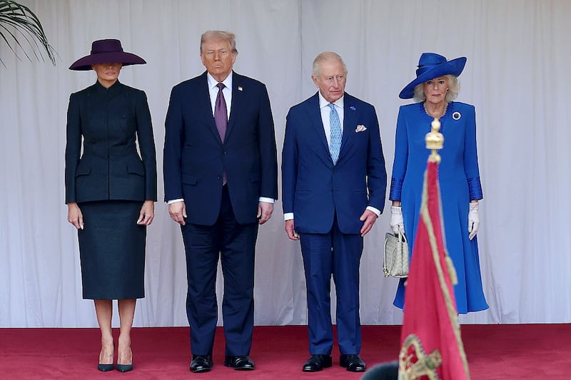 WINDSOR, ENGLAND - SEPTEMBER 17: First Lady Melania Trump, U.S. President Donald Trump, King Charles III and Queen Camilla during the State visit by the President of the United States of America at Windsor Castle on September 17, 2025 in Windsor, England. (Photo by Chris Jackson/Getty Images)