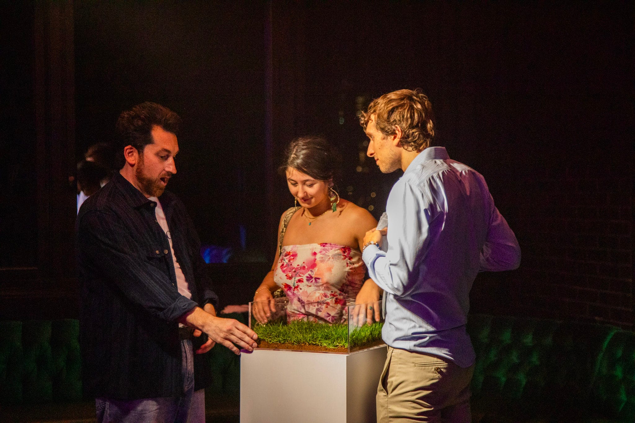 Partygoers reach inside a receptable of turf at a party.