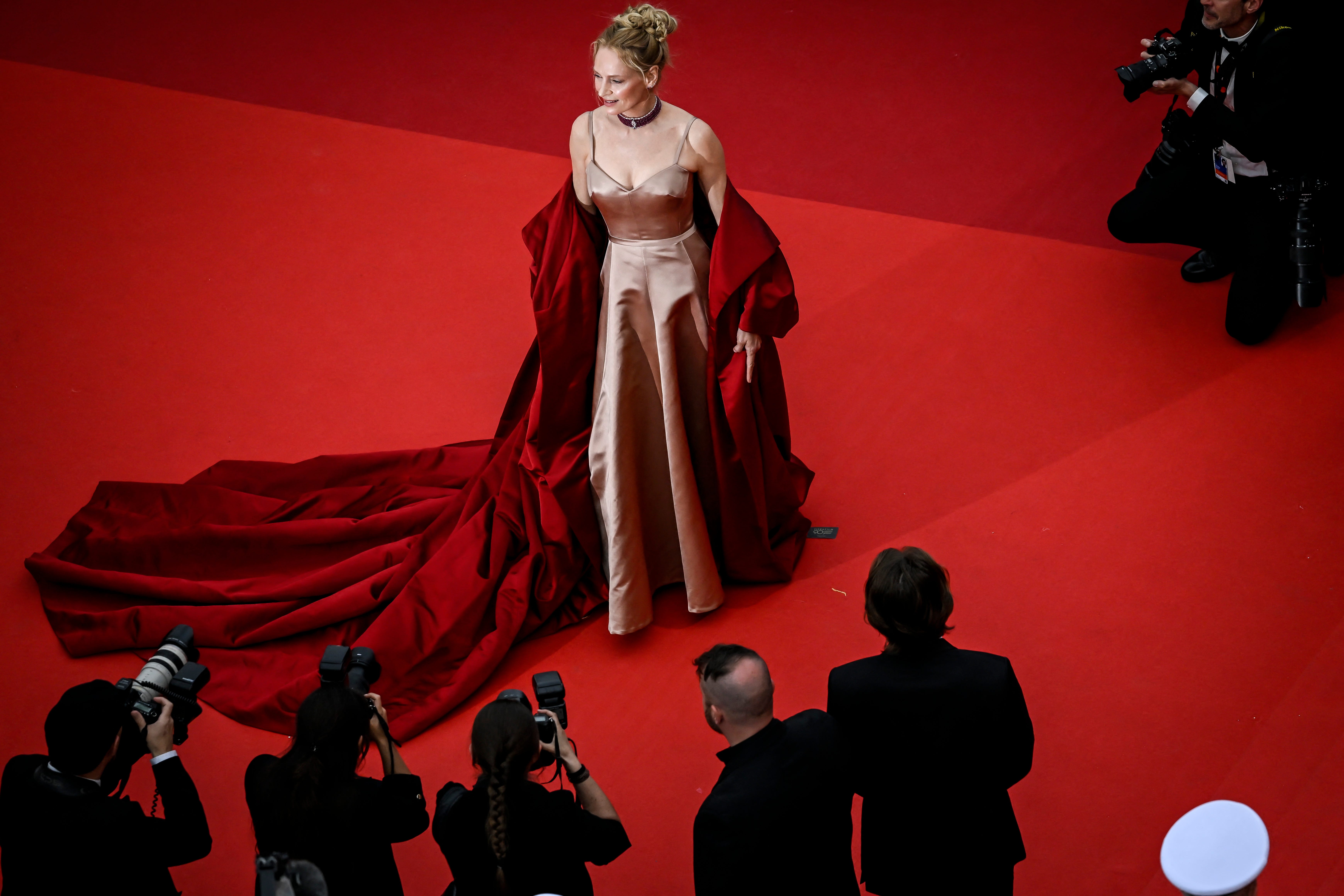 Uma Thurman at Cannes Film Festival in 2023, styled by Julia von Boehm.