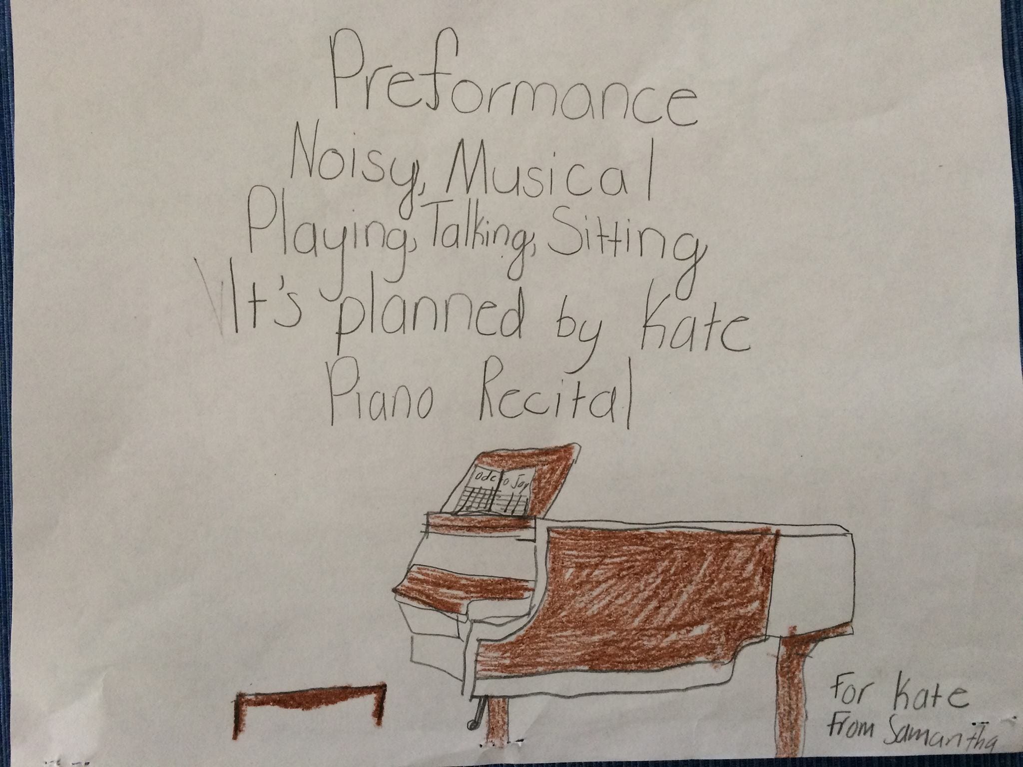 A drawing of a brown piano with a note that says 