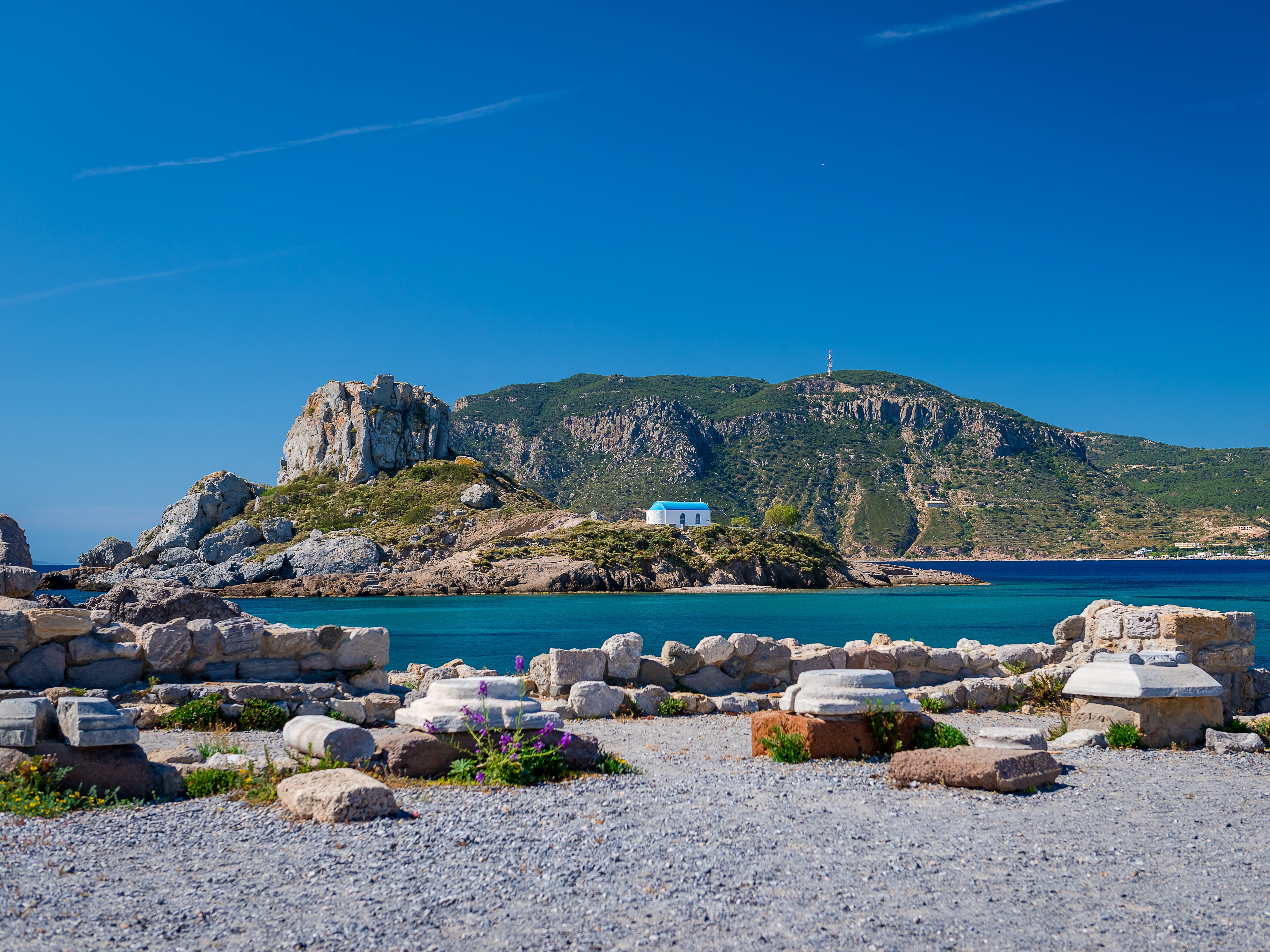 Ruins and boulders on the coast of Kos island.