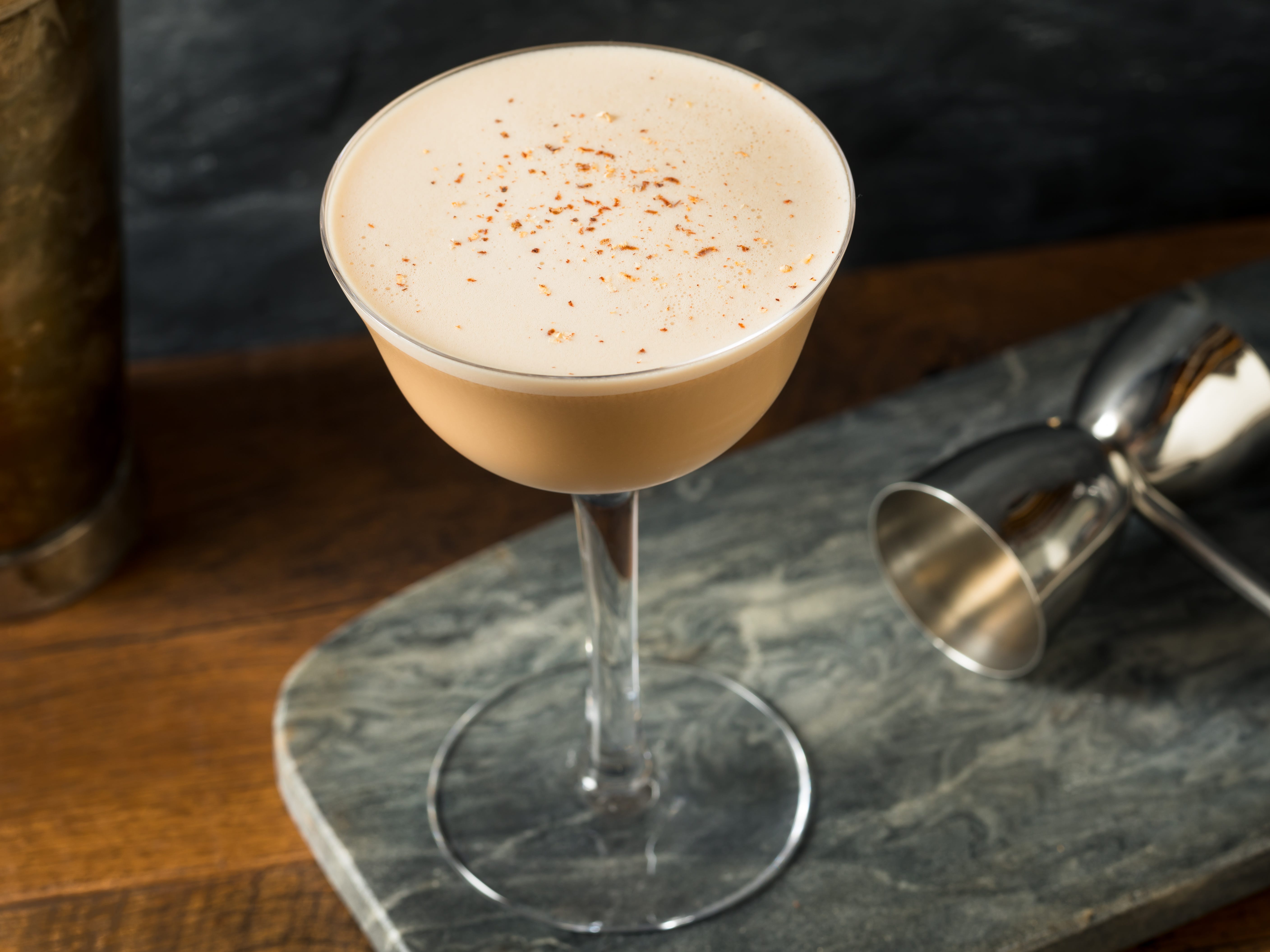 A creamy brown cocktail.