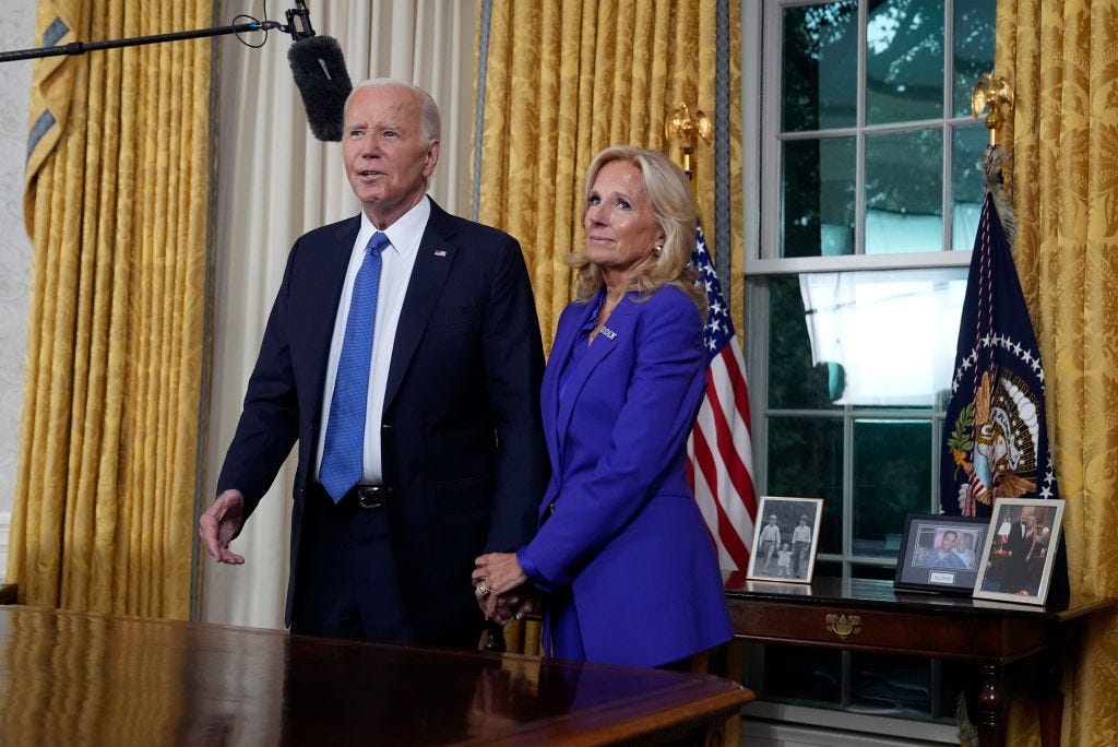 Joe Biden and Jill Biden in the Oval Office after Joe Biden addressed reasons for ending his presidential campaign.