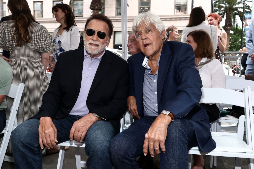 Arnold Schwarzenegger and Jay Leno honor Chris Wallace on the Hollywood Walk of Fame. 