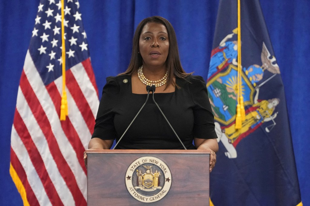 New York Attorney General Letitia James speaking at a press conference.