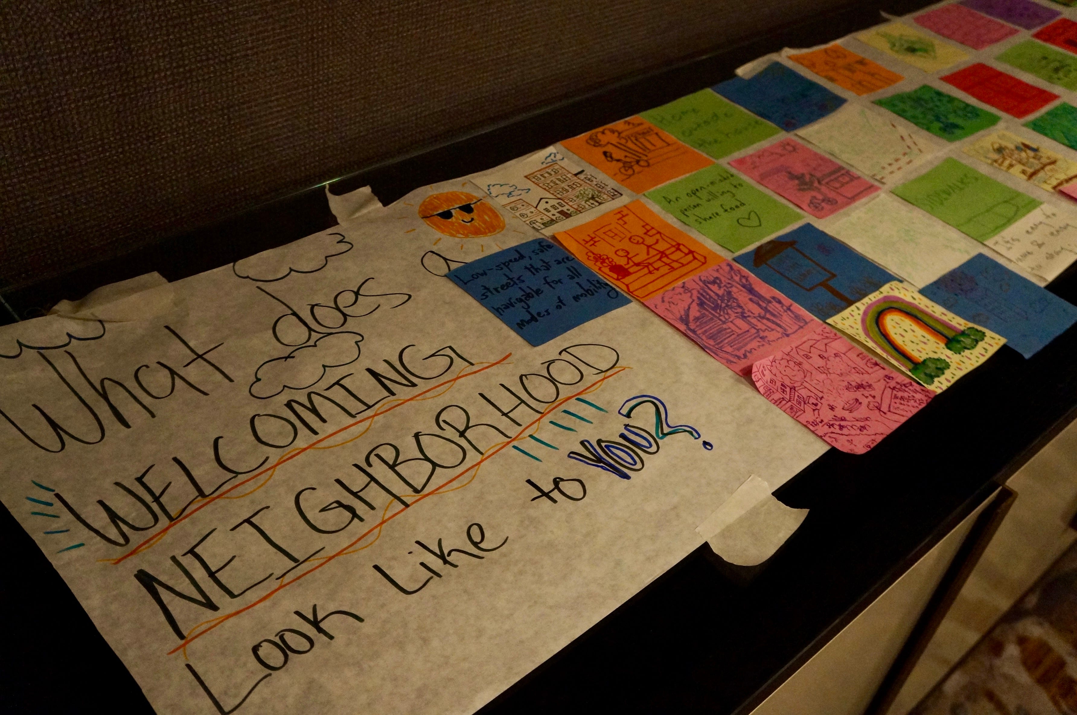 Post-it notes describing welcoming neighborhoods at the 2025 YIMBYtown conference in New Haven, CT.