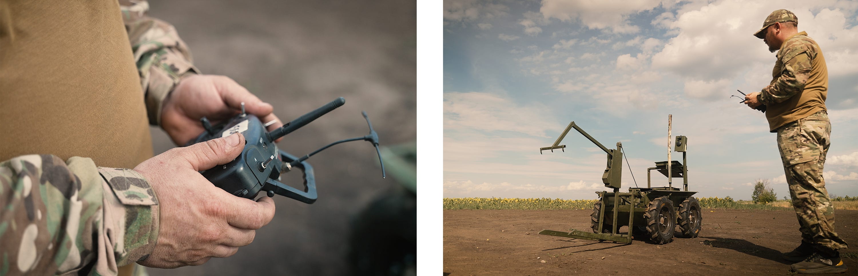 Vladyka, the commander of the crew, steers a ground drone at the training site.
