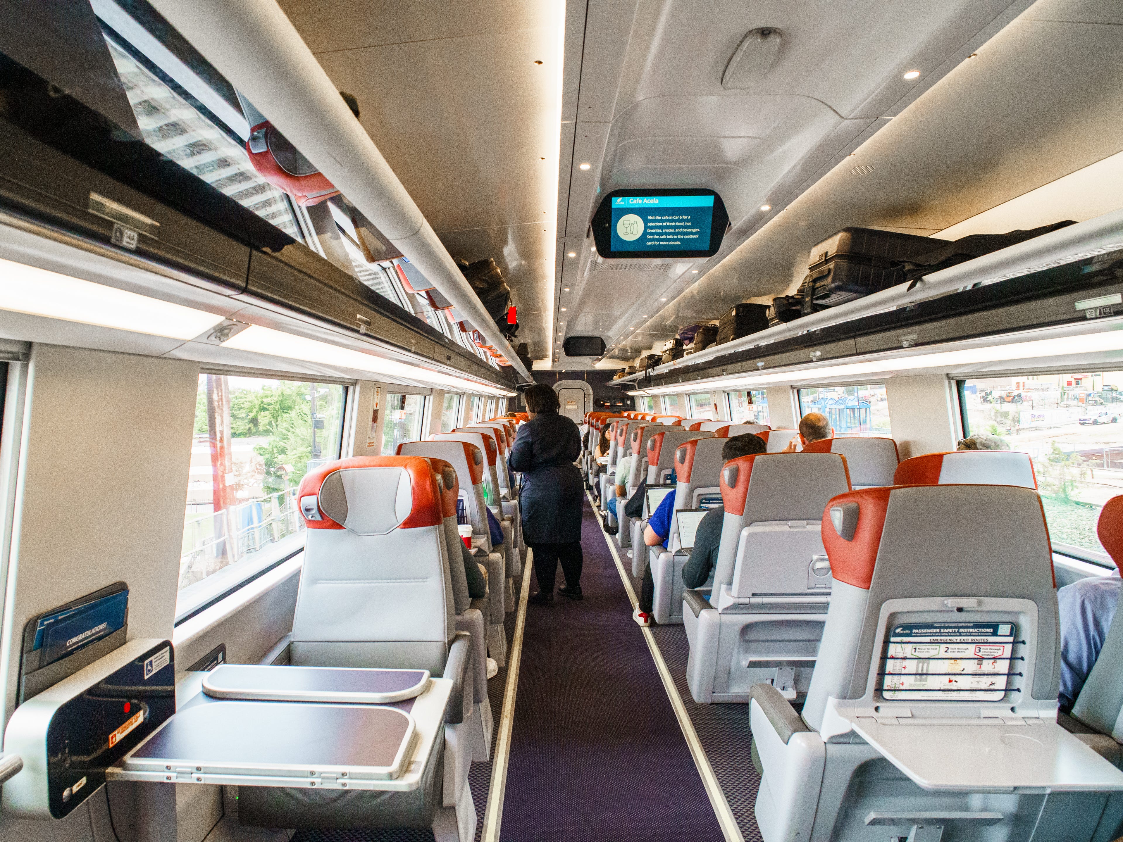 Inside a first-class train car on an Amtrak Acela train