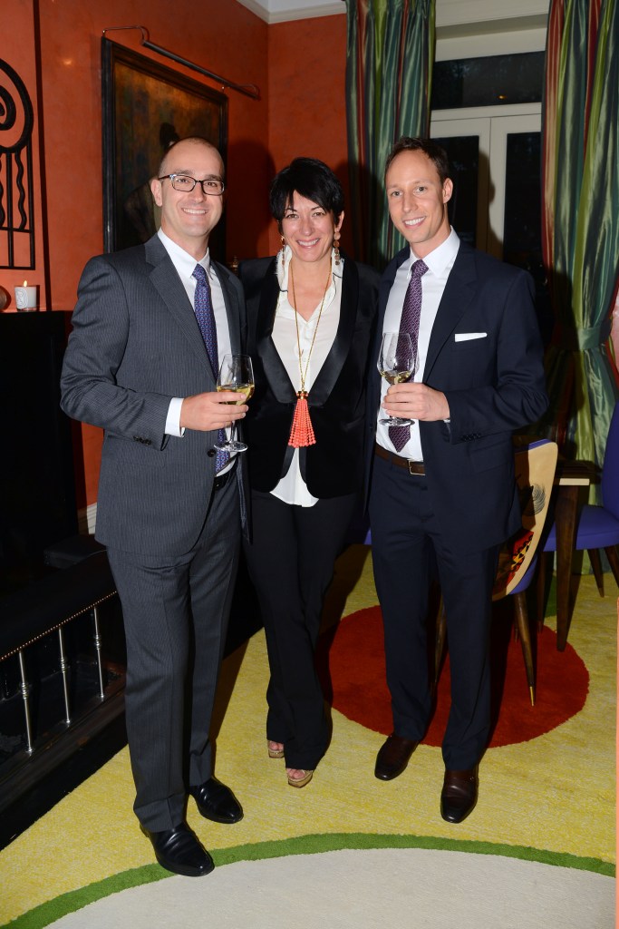 Justin Brown, Ghislaine Maxwell and Mark Bakacs attend a cocktail reception.
