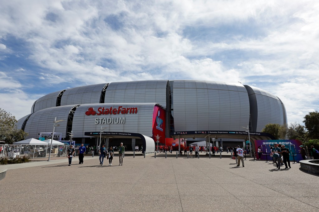 Exterior of State Farm Stadium on Super Bowl 57 game day.