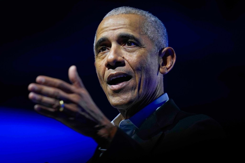 Former President Barack Obama speaking at the Obama Foundation Democracy Forum.