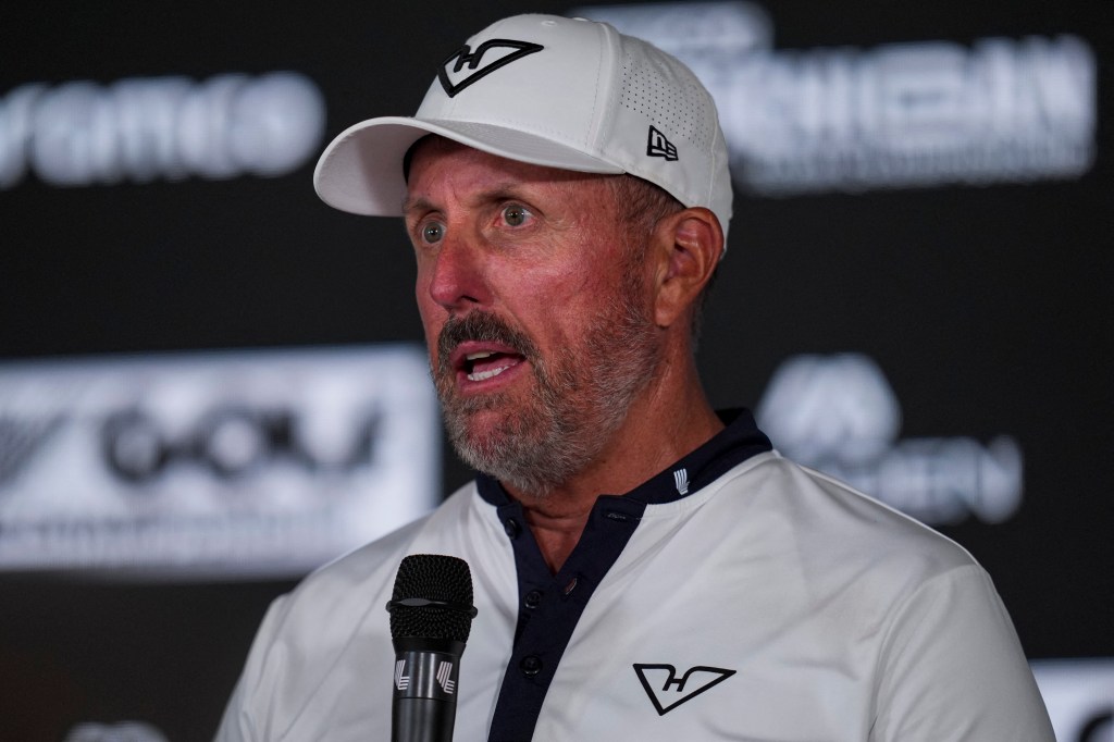 Phil Mickelson of HyFlyers GC speaking at a press conference.