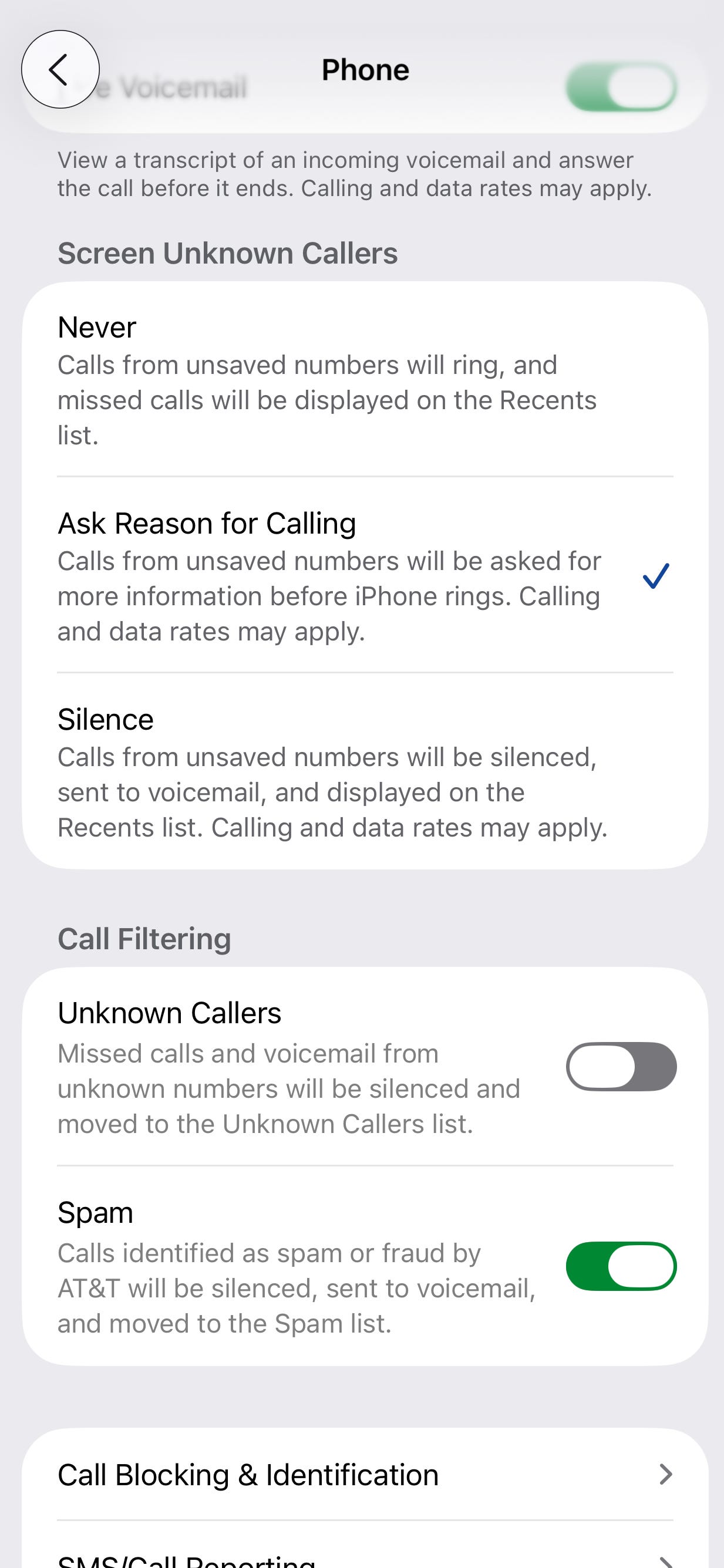 Screenshot of iPhone call filtering settings
