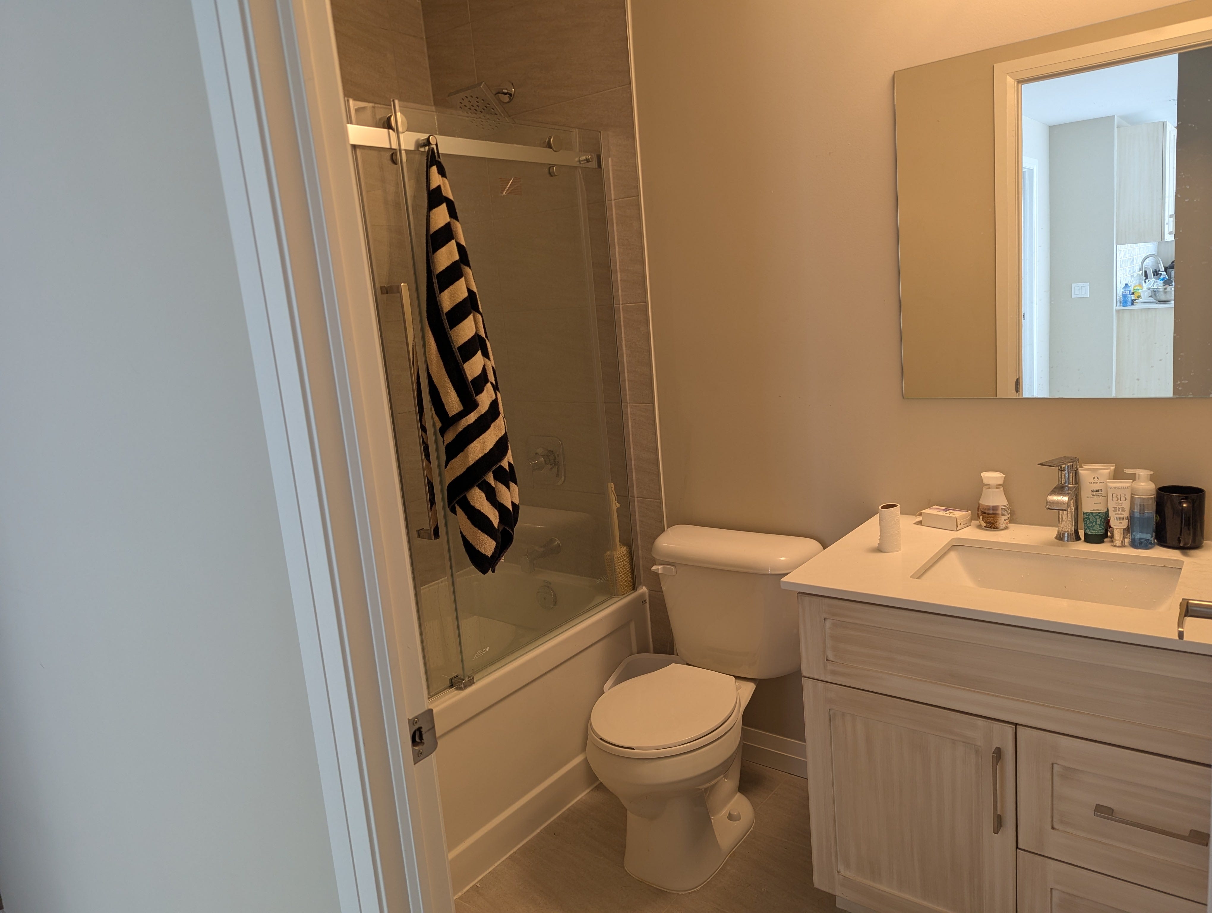 Haokun Qin's bathroom is pictured.
