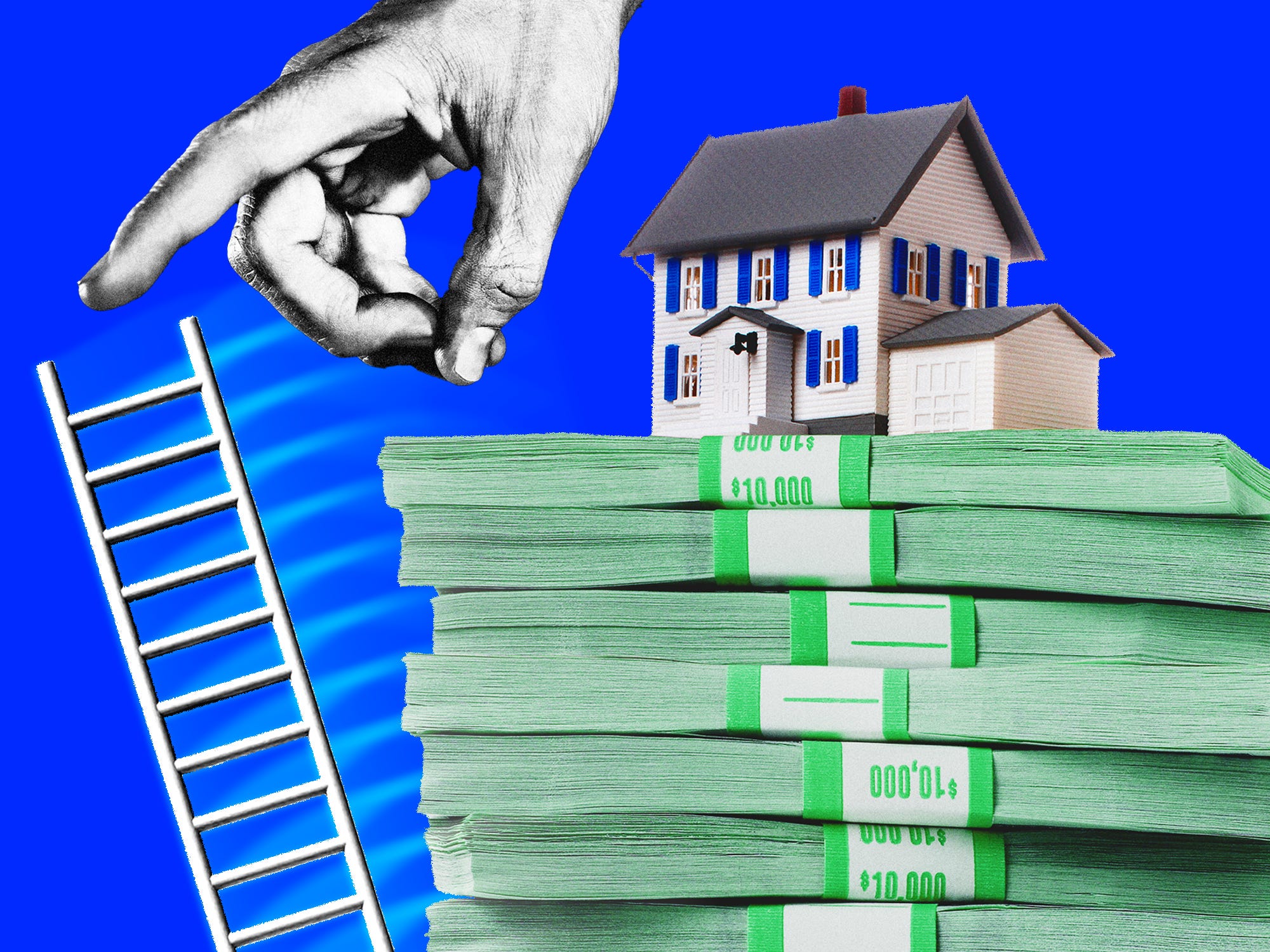A hand pushing a ladder away from a house sitting on top of a stack of cash